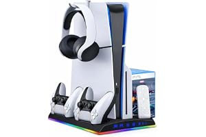 Base Cooler para PS5 Slim e PS5 Fat – Cooler com 2 Ventoinhas, Carregador Duplo para Controles, Iluminação RGB e Suporte para Headset