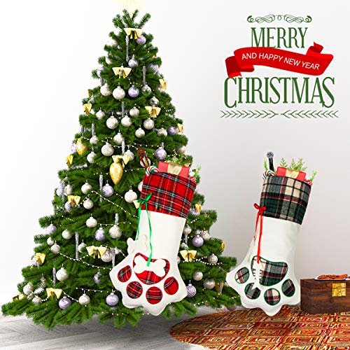 Aiduy Pet Christmas Stocking, 18" Dog Paw Christmas Stockings Hanging Plaid Cat Xmas Stockings for Christmas Decorations and Holiday Decor, 2 Pack