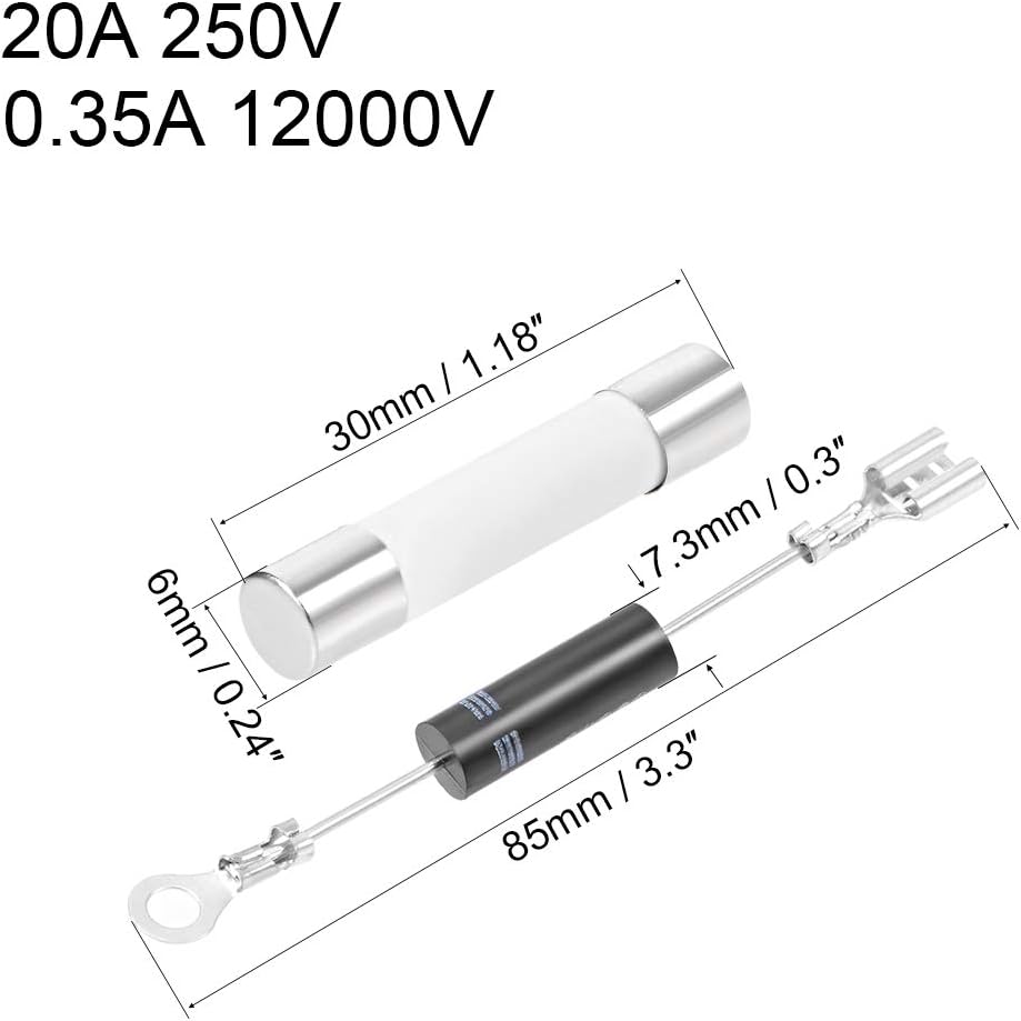 sourcing map Microwave Oven Fuse 20A 250V 6x30mm Ceramic Fuses Fast Blow with Diode 12KV 0.35A T3512 Repair for Rectifier Ballast 1 Set - Image 3