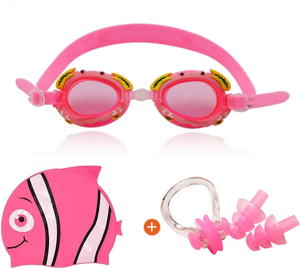 Chielor Kids Swim Goggles Cartoon-Style Swimming Goggle Set Swimming Cap with Free Nose Clips and Ear Plugs for Kids, Children, Students, Boys & Girls
