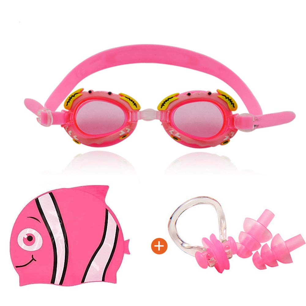 Chielor Kids Swim Goggles Cartoon-Style Swimming Goggle Set Swimming Cap with Free Nose Clips and Ear Plugs for Kids, Children, Students, Boys & Girls