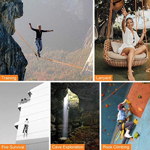 HomTop Outdoor Climbing Rope, 65Ft(20m) Length, 10.5mm Diameter, 2645Lbs(1200Kg) Pull High Strength Cord Safety Rope Braid Nylon Rope, Escape Rope Fire Rescue Parachute Rope with 2 Carabiner (Orange)