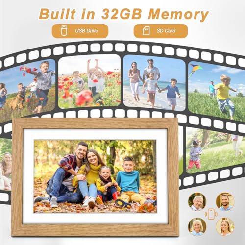 Digital Photo Frame WiFi Oak Wood Frame, Frameo Digital Picture Frame 10.1 Inch, 32GB Memory, 1280 * 800 HD IPS Touchscreen, Auto-Rotate, Share Photos Videos via Frameo APP, Gifts for Women/Men