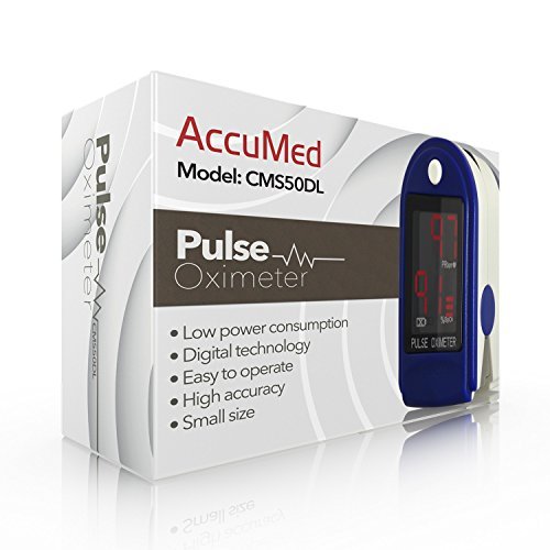 AccuMed CMS-50DL Pulse Oximeter Finger Pulse Blood Oxygen SpO2 Monitor w/Carrying case, Landyard Silicon Case & Battery (Black)