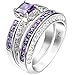Women 2 PCS 925 Sterling Silver Plated Princess Cut Purple Amethyst Diamond CZ Engagement Wedding Ring Set