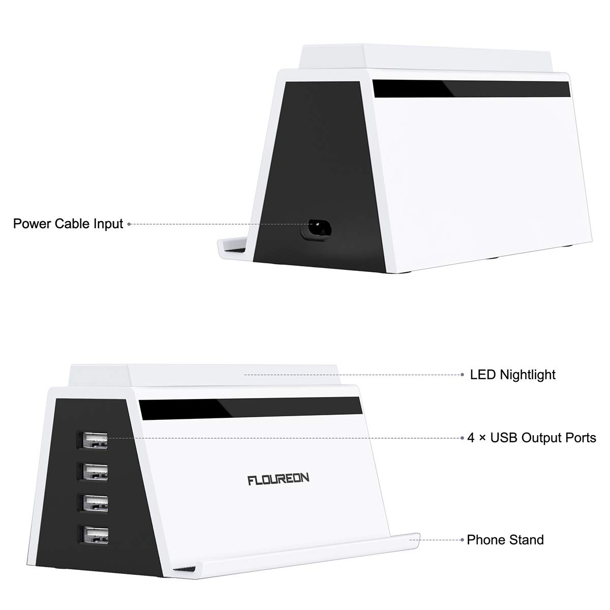 FLOUREON Multi USB Charging Station Wireless Phone Charger 4A/20W 4 Ports Multi Device Phone Stand Desktop Multi-port USB Charger with LED Light for iPhone 8, iPhone X, Samsung Galaxy S6