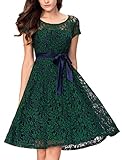 Noctflos Women's Emerald Green Lace Contrast Bow Cocktail Party Casual Flare Dress