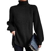 Women's Turtleneck Sweater Ribbed Long Sleeve Slit Hem Pullover Knit Tops Fall Winter Outfit 2025