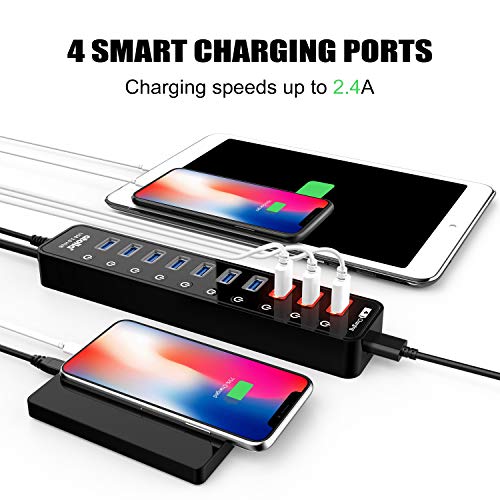 USB 3.0 Multi-Socket Hub, Atolla 11 Ports USB Powered Hub, AVCE 7 Ports Data Transfer 5Gbps, 4 Ports Smart Charge and Individual Switches and LED Power Supply, 12V/4A Adapter