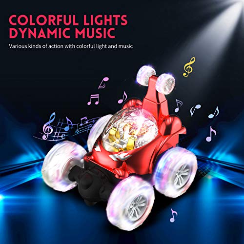 UTTORA Remote Control Car for Kids, RC Stunt Car with 360 ° Rolling Dancing Performance Colorful Lights and Dynamic Music Rechargeable 2.4Ghz RC Car Toy for Boys and Girls (Red)