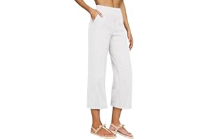 Women's Linen Capri Pants Straight Leg Dressy Slacks Elastic Waist Beach Capris High Waist Lounge Cropped Pants