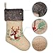 Ivenf Christmas Stockings, 2 Pcs 18 inches Large Burlap Embroidered Reindeer with Plush Faux Fur Cuff Stockings, for Family Holiday Xmas Party Decorations