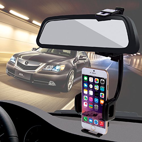 Car Mount, HAWEEL Global Universal Car Rearview Square Mirror Mount Holder for Cell phone, 185-mm Long Bending Neck, Clamp Size: 40mm-80mm