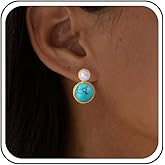 Yheakne Vintage Round Turquoise Drop Earrings Disc Pearl Turquoise Earrings Gold Pearl Stud Earring Blue Natural Stone Earring Jewelry for Women