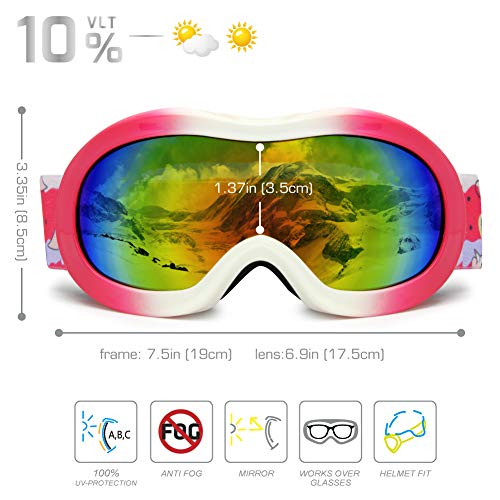 PP PICADOR Kids Ski Goggles, Kid Snow Snowboard Goggles for Boys Girls 4-7 with Over Glasses OTG Design Anti-Fog Lens 100% UV Protection Helmet Compatible(Gradual Pink)