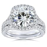 Round H-I Moissanite and Diamond Cushion Halo Bridal Wedding Set 4 CTW 14k White Gold