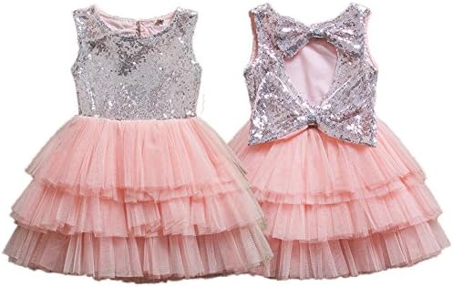 IIYoYo A Line Toddler Baby Girls Kids Sequins Flower Wedding Princess Dress Vintage Tulle Tutu With Big Bowknot For Easter (Silver Pink, 2-3T)
