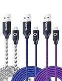 OKRAY 3 Pack 10ft / 3m Durable Nylon Braided Tangle-Free Micro 2.0 USB Charging Cable Charge Cord with Aluminum Connectors Compatible for Android, Samsung, HTC, Nokia, Sony, Nexus (Black Blue Purple)