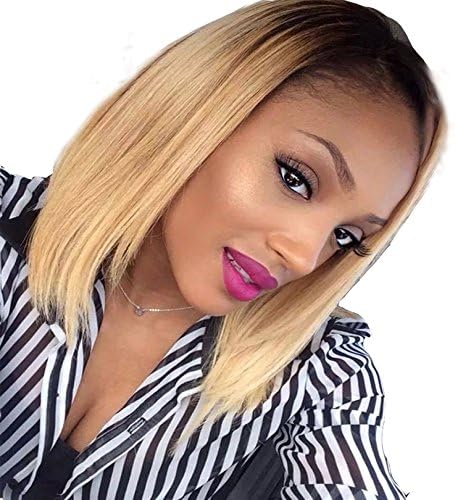 NiceToBuy Brazilian Virgin Hair Glueless Lace Front Wig Ombre Blonde Short Bob Wig for Black Women Human Hair Silky Straight 10inch