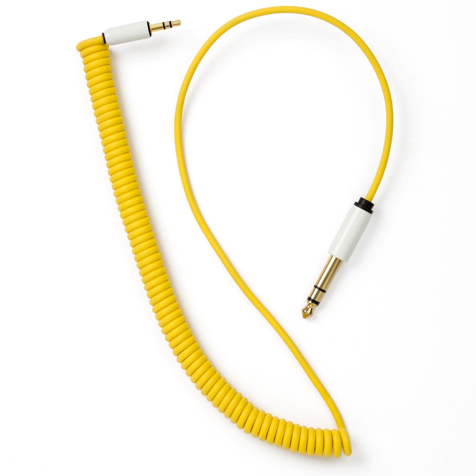 MyVolts Candycord audio cable, straight mini jack to straight large jack, curly 65cm to 90cm, Pineapple Yellow colour