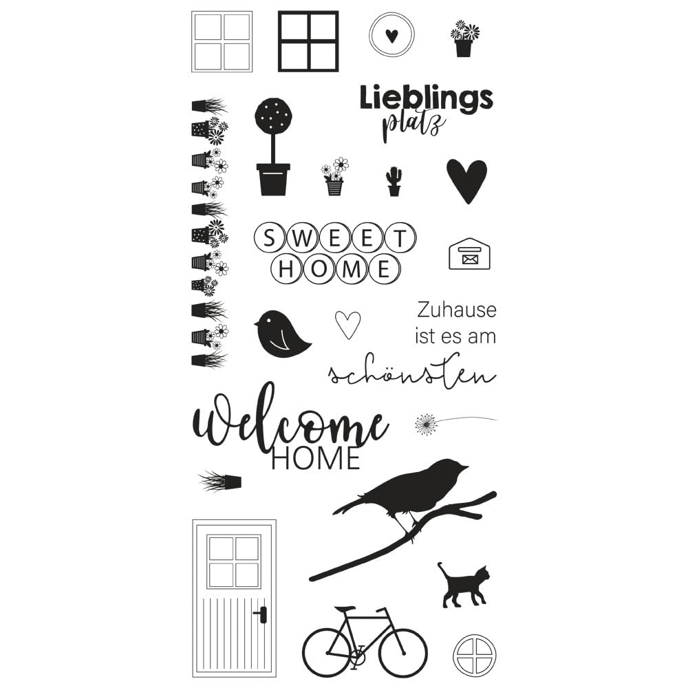 Rayher Set of 23 Clear Silicone Stamps for Card Making and Crafting, Craft Stamps in Assorted Home Themed Designs and Various Sizes, Welcome Home, 97x205mm, 50276000