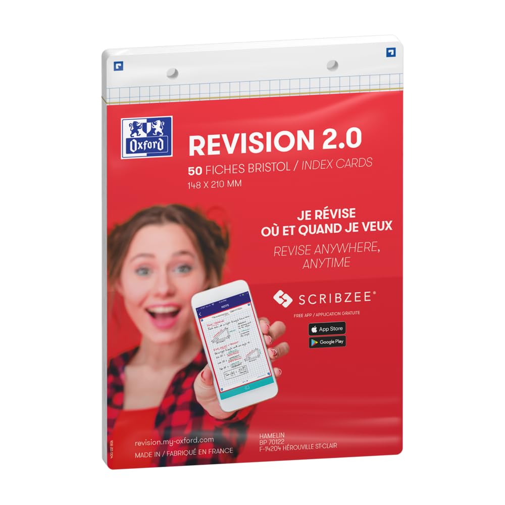 OXFORD Revision 2.0 Pack of 50 Cards A5 (14.8 x 21 cm) Small Squares on Both Sides and White Frame