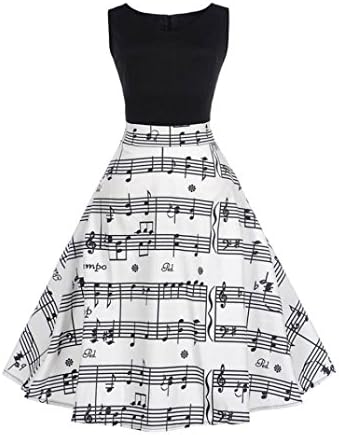 JJLOVER Vintage Elegant Printing Sleeveless O-Neck Prom Swing Dress Cocktail Party Evening Party (White, S)