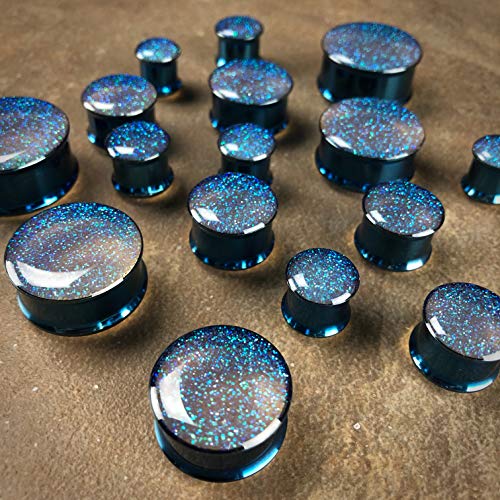 Mystic Metals Body Jewelry Pair of Pearl Blue Glitter Plugs - Sold as a Pair (1/2" (12mm))