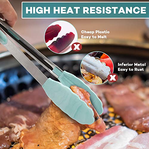 Novosun Kitchen Tongs,Set of 3-7,9,12 inches,Non-Stick,Stainless Steel,Heat Resistant Locking Cooking Tongs with Silicone Tips,Can Also Be Used as Ice Tongs and Sugar Tongs (Teal)