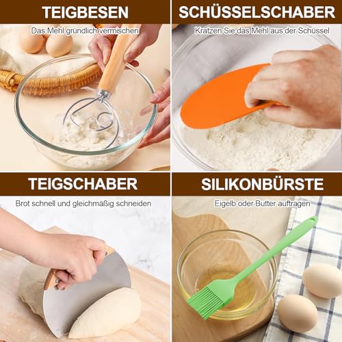 RIZENCE Complete Proofing Basket Sourdough Starter Set, 2 Proofing Baskets (25 cm Ovals & 23 cm Round), 900 ml Sourdough Glass Set, Bread Baking Accessories Kit, Bread Baking Accessories for Beginners, Experienced Bakers