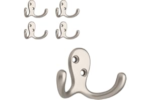 Franklin Brass (5-Pack) Double Wall Hooks 2-Prong Coat/Hat Matte Nickel Hooks for Hanging Wall Mount Hanger Clothes, Purse, Bag, Towel Organization Decorative Wall Hooks FBDPRH5-MN-C