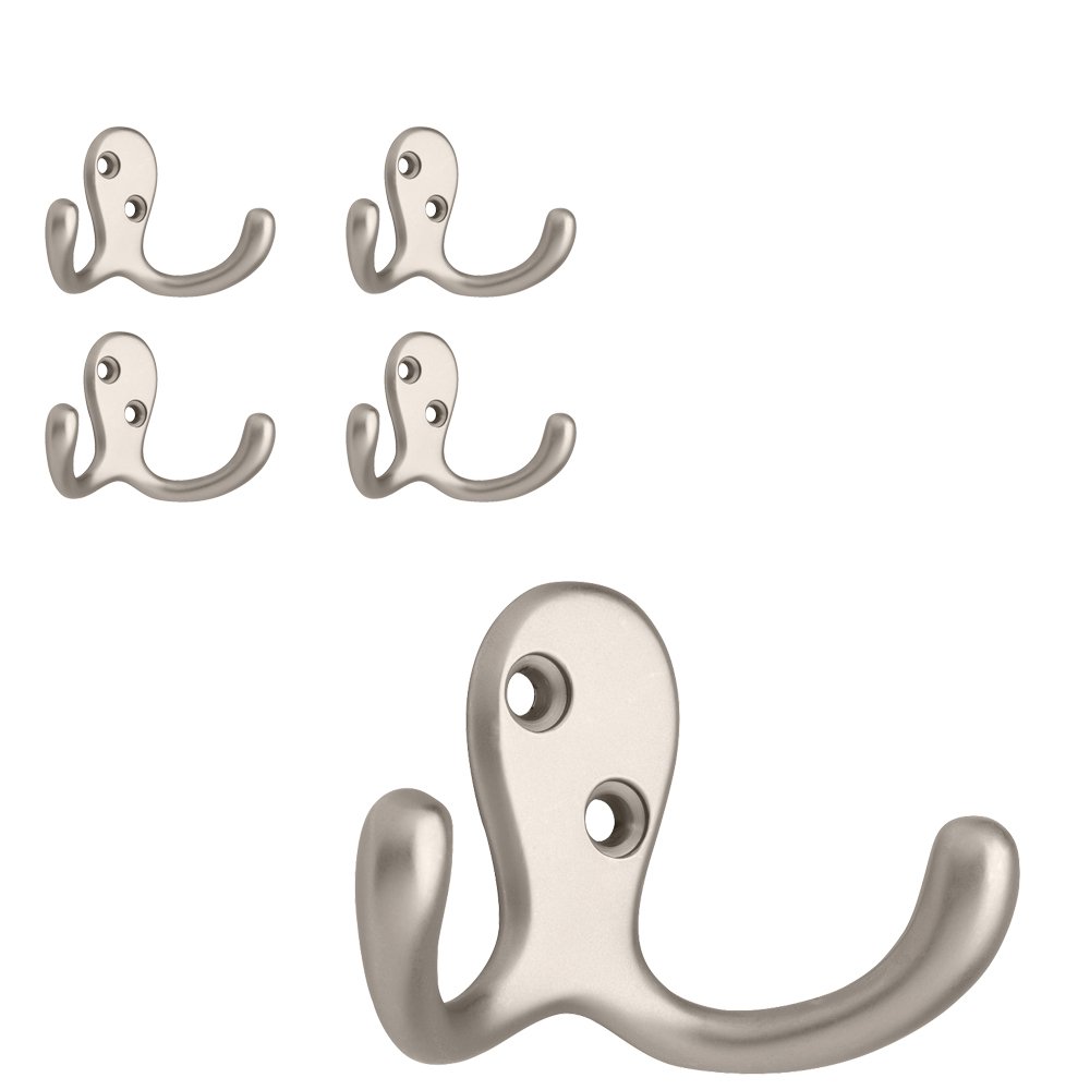 Franklin Brass (5-Pack Double Wall Hooks 2-Prong Coat/Hat Matte Nickel Hooks for Hanging Wall Mount Hanger Clothes, Purse, Bag, Towel Organization Decorative Wall Hooks FBDPRH5-MN-C