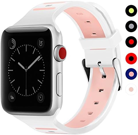 Covery Apple Watch Band 38mm, Soft Silicone iWatch Band Two - Tone Stripe Wristband for Apple Watch Nike+, Series 3, Series 2, Series 1, Sport, Edition- White&amp;Flamingo