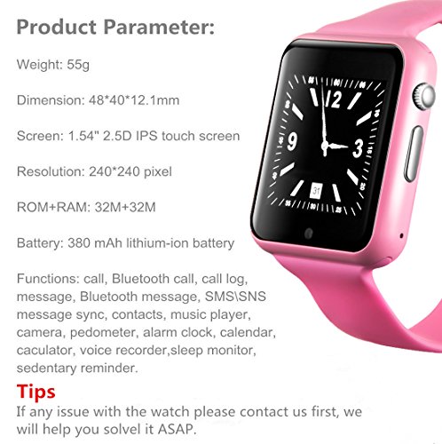 Smartwatch, Bluetooth Smart Watch Phone Wristwatch with Pedometer Camera SMS SNS Sync Music Player SIM Card Slot for Android IPhone (Partial Functions) Men Women Kids (Pink)