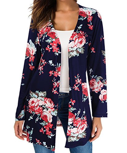 Towncat Womens Boho Comfy Casual Kimono Long Sleeve Cardigans Floral Printed Coat Tops Outwear (L, Blue)