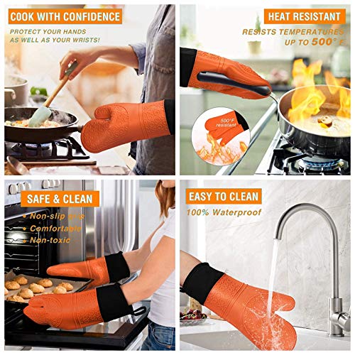 Silicone Oven Mitts and Pot Holders Set,Extra Long Heat Resistant Cooking Oven Gloves Set 1 Pair (14.6 \'\')with 2 Potholders,Non-Slip Textured Surface