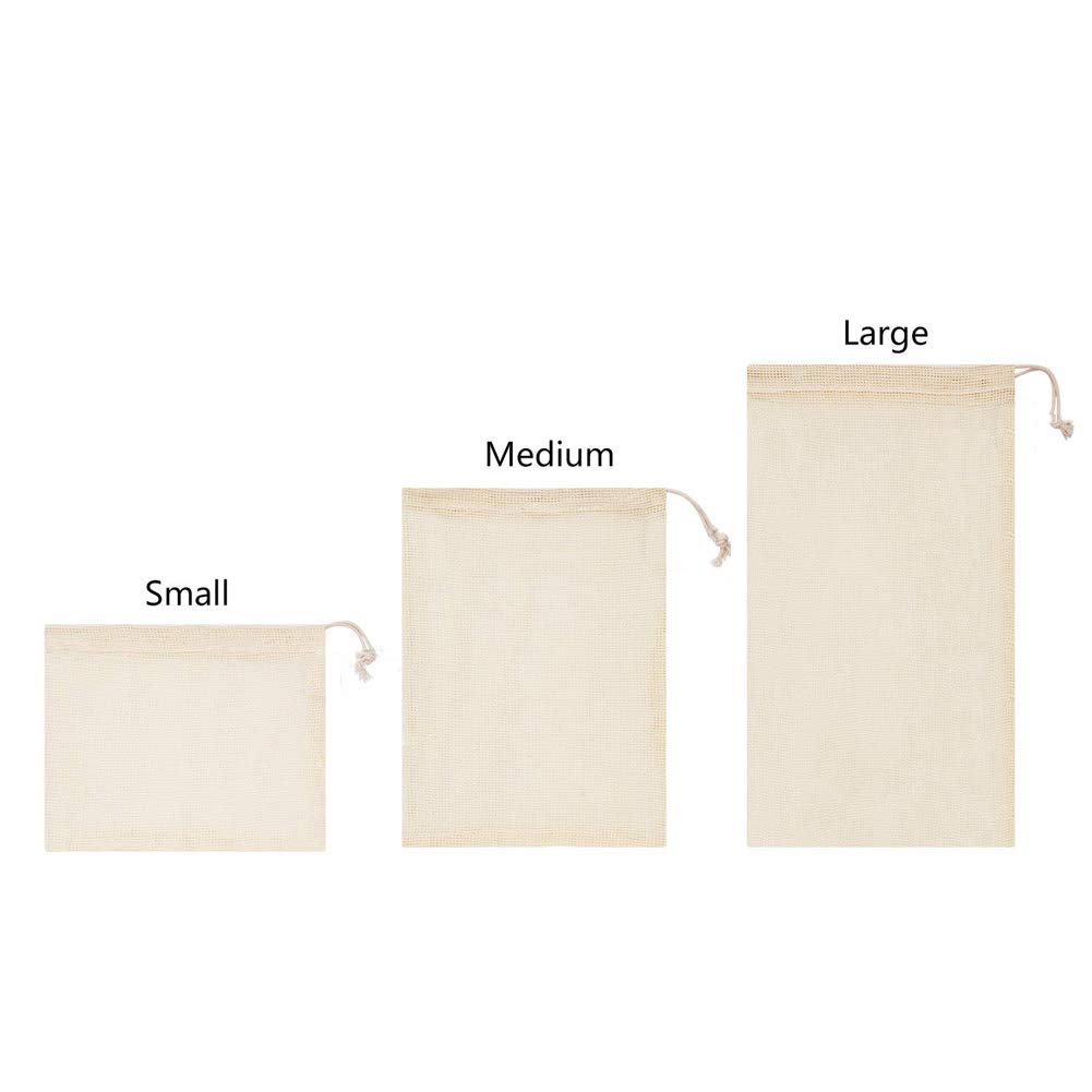 Reusable Produce Bags,Eco Friendly Biodegradable Natural Cotton Mesh Grocery Bag Washable Muslin Vegetable Bags Fruit Double Stitched Seams