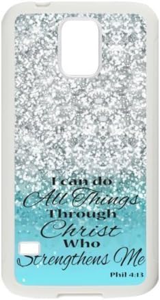 Samsung Galaxy S5 SV Case Cover - I Can Do All Things Through Christ Who Strengthens Me Philippians 4:13 - Bible Verse Blue Sparkles Glitter Samsung Galaxy S5 SV TPU (Laser Technology) Case Rubber Sides Shell
