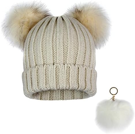 Trendy Cuff Winter Chunky Knit Beanie Hat with Double Faux Fur Pom Pom Bear Ears &amp; Key Chain (Khaki)
