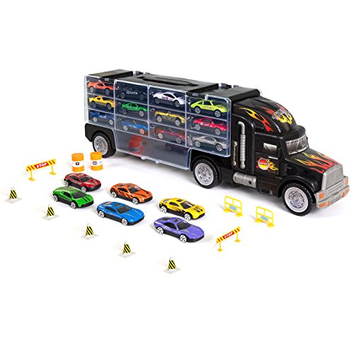 Kids 2Sided Transport Car Carrier Semi Truck Toy With 18 Cars And 28