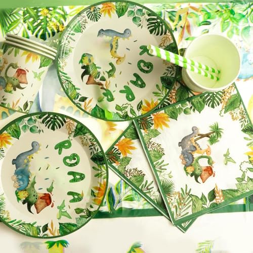 KASTWAVE 101 PCS Dinosaur Birthday Party Supplies for 20 Guests - Lunriwis Theme Party Decorations With Plates, Cups, and Napkins for Kids