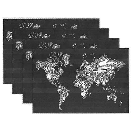 Cool Black Globe World Map Silhouette with Musical Instruments Heat-resistant Table Placemats Set of 4 Stain Resistant Table Mats Washable Eat Mat Home Dinner Decorative
