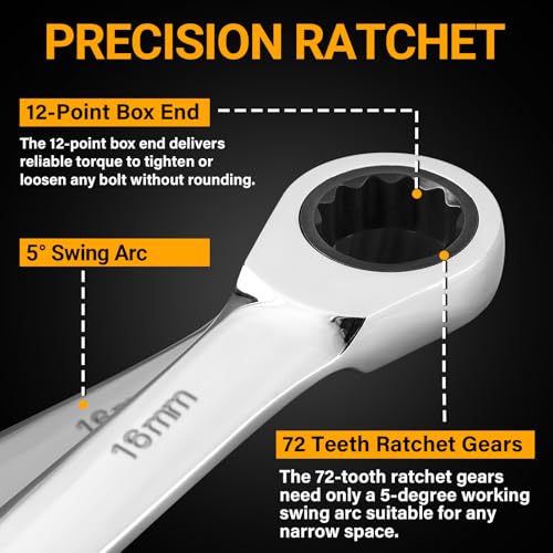 DEKOPRO 12 Piece Ratchet Wrench Set, Metric Combination Wrenches 8-19mm, Chrome Vanadium Steel Wrenches, Ratchet Wrench with Bag, Work Tools for Workshop and DIY