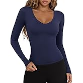 LASLULU Womens Long Sleeve Sexy V Neck T Shirts Basic Workout Tops Athletic Yoga Casual Crop Top
