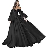 CWOAPO Puffy Sleeve Prom Dresses Tulle Long Ball Gown Off Shoulder Corset Wedding Dress for Women Formal Evening Gowns