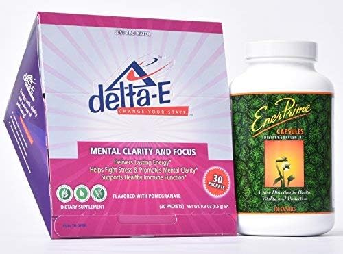 Travel Power Pack (1) EnerPrime Capsules (180) Immune System Support Superfood, Trusted Name for 20 Years! & (1) Delta-E Mental Clarity & Focus! Natural Energy Drink Non-GMO (30 Delta-E Packets)