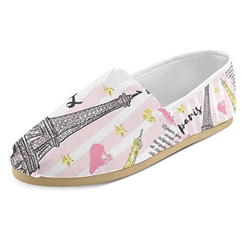 InterestPrint Women's Loafers Classic Casual Canvas Slip On Fashion Shoes Sneakers Flats Size 10 Paris Eiffel Tower, Kisses, Hearts and Stars with Golden Glitter Foil Striped