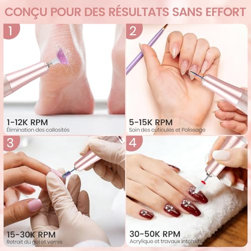 Delanie Ponceuse pour ongles Électrique Professionnel 50000 RPM avec Station de Recharge, Lime à Ongles Sans Fil pour Ongles en Acrylique Épais, 10 Heures d'autonomie, Fonction Pause, Incl. 12 Embouts