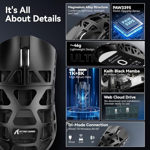 ATTACK SHARK R3 Magnesium Alloy Mouse, Wireless 8K Mouse, 46g SUPERLIGHT Mouse, PixArt PAW3395 Gaming Sensor, BT/2.4G/Wired Gaming Mouse, Adjustable DPI 26000, Office Mice for Win11/Xbox/PS/Mac -Black