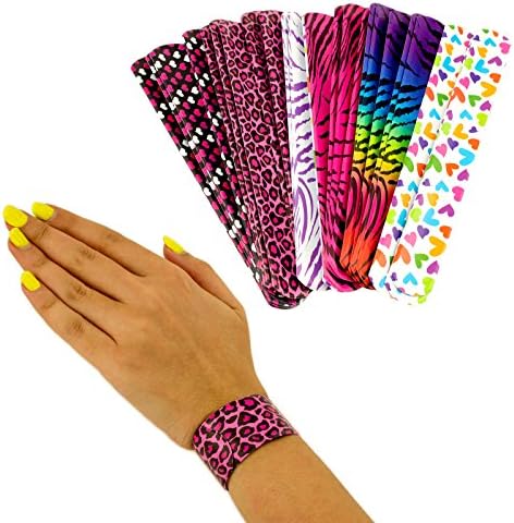 Deco4Fun Set of 25 Slap On 90's Inspired Nostalgic Neon Retro Plastic Bracelets | Hearts Leopard Tiger Animal Print Design Patterns | Party Pack for Favors Kids Prizes Giveaways Toys